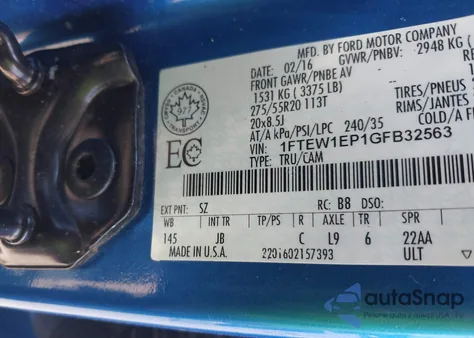 2016 Ford F-150 Xlt из США, поврежденный, VIN 1FTEW1EP1GFB32563